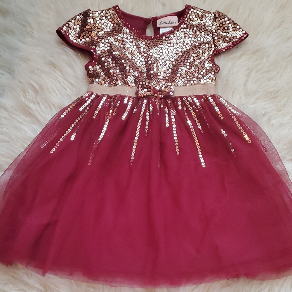 Little Lass Burgundy and Gold Sequin Tulle Dress